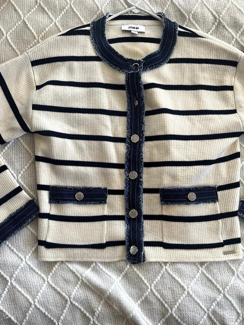 Jason Wu Striped Cardigan in White & Black Frayed Denim Accents Size Medium